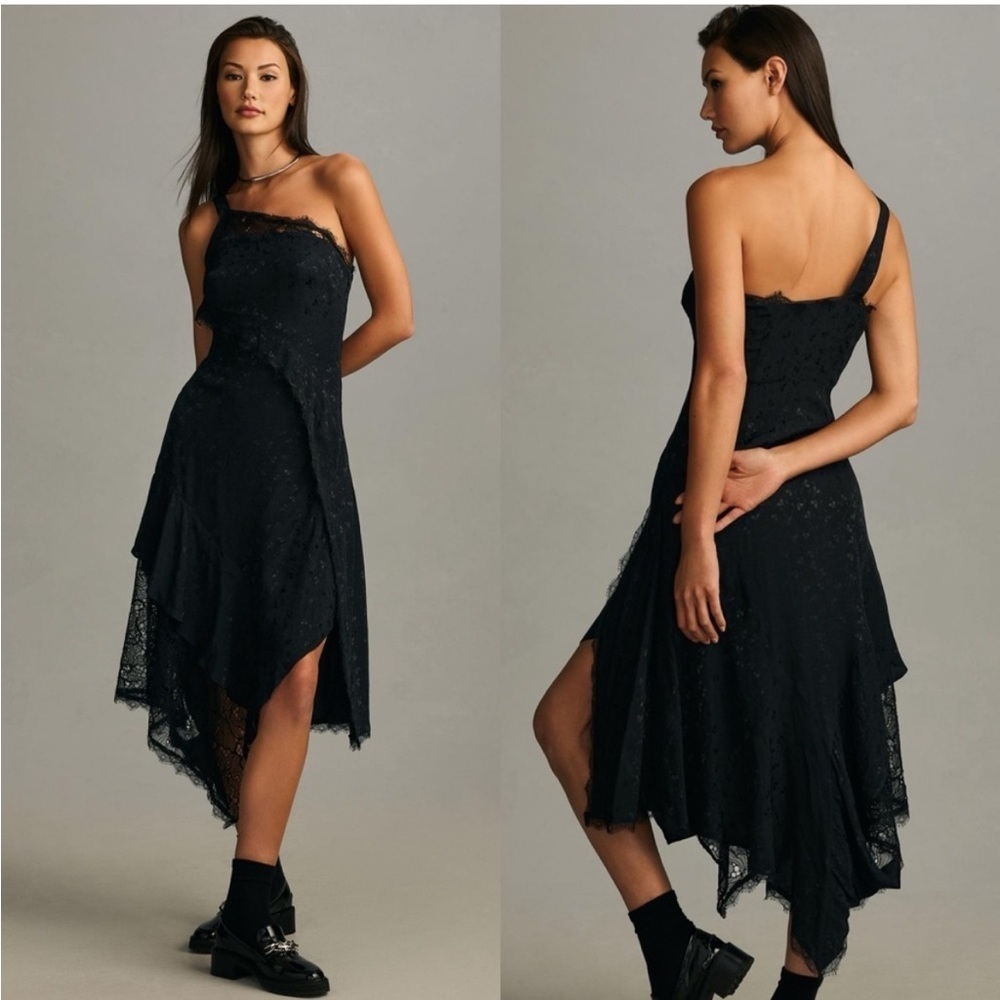 By Anthropologie One-Shoulder Asymmetrical Lace Midi Dress Size 8